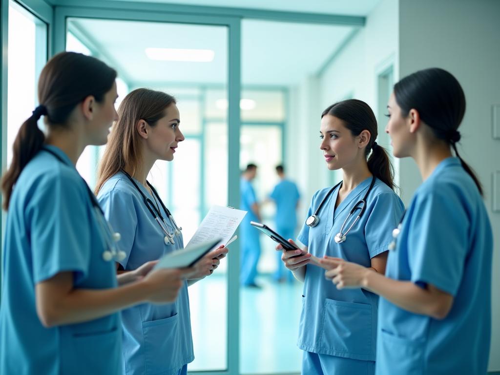 Healthcare professionals in a hospital setting discussing patient care in German