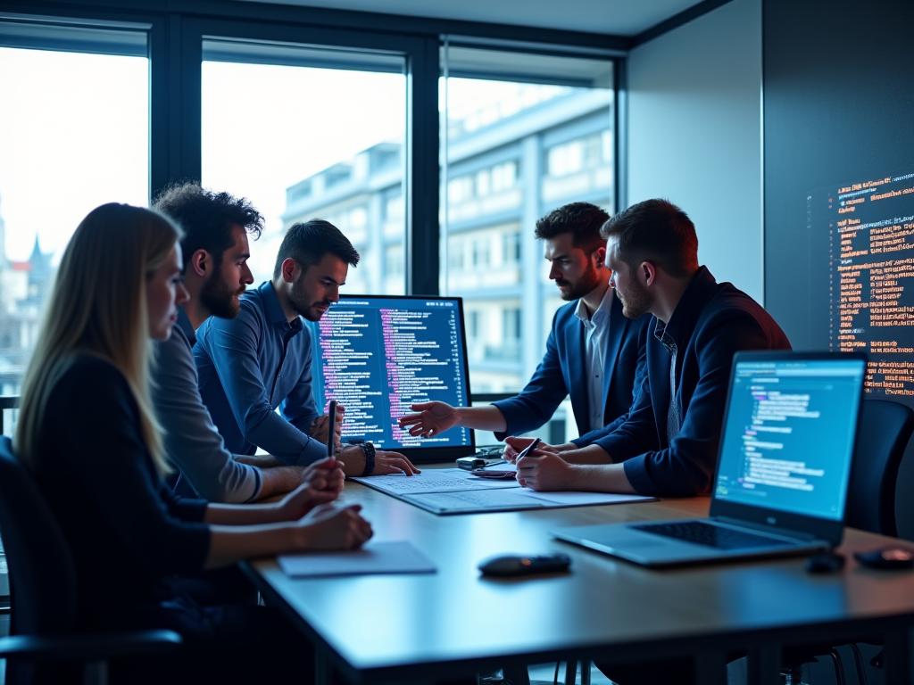 IT professionals collaborating on a project in a modern Vienna office
