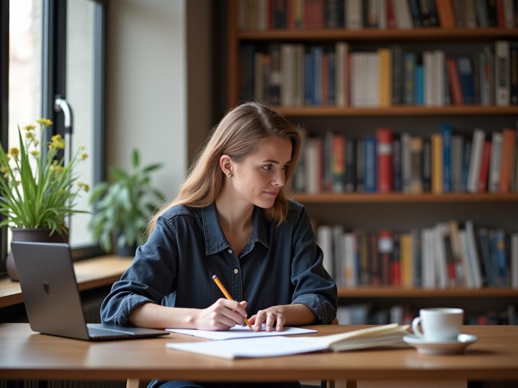 An academic researcher writing at a desk in a university library in Vienna